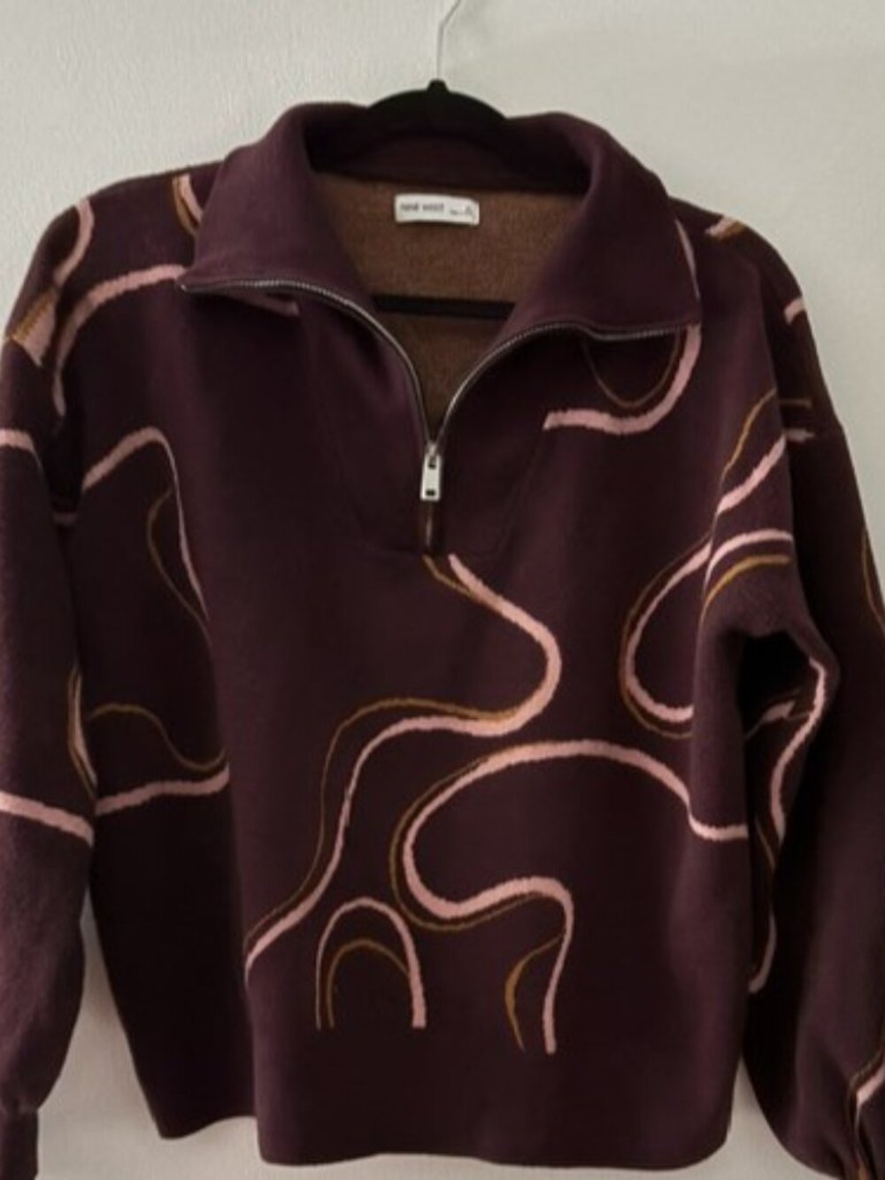 Nine West fuzzy longline cardigans in burgundy with geometric or abstract print